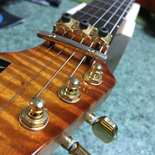 Close-up of guitar strings and locking nut hardware