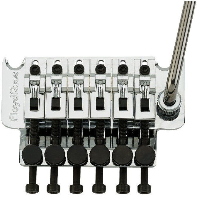 Close-up of a Floyd Rose locking tremolo bridge