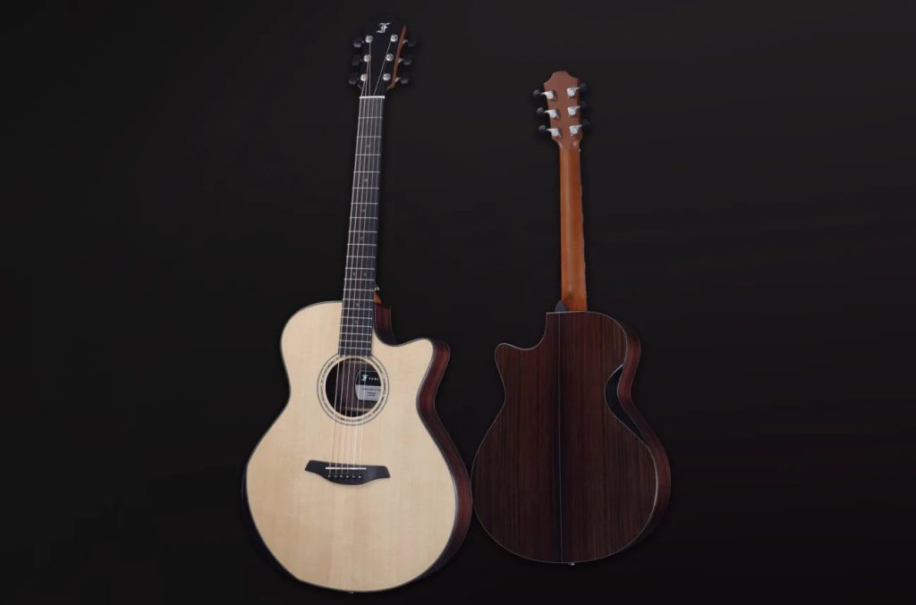 Two Furch acoustic guitars shown from the front and back